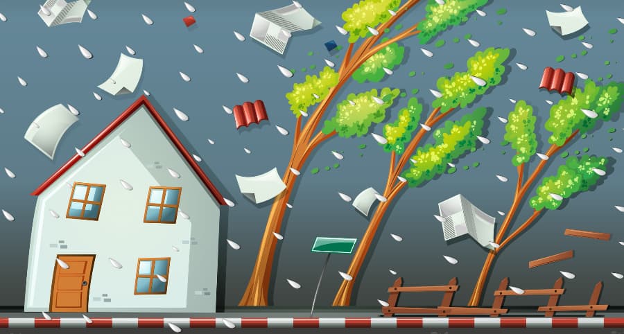 Representation of a storm striking a home and the immediate surroundings